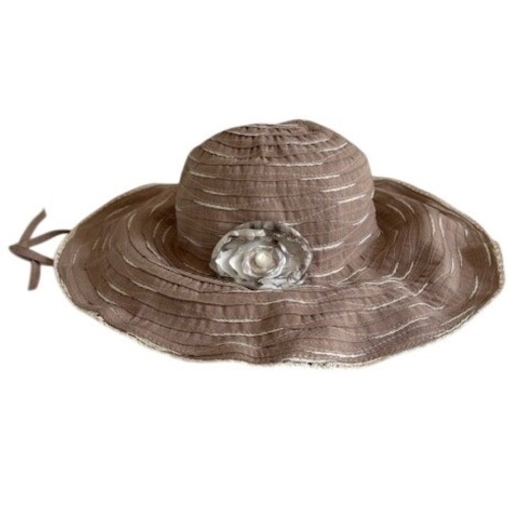 Sunday Afternoons Womens Wide Brim Sun Hat Brown Lace Flower Chin Strap Packable